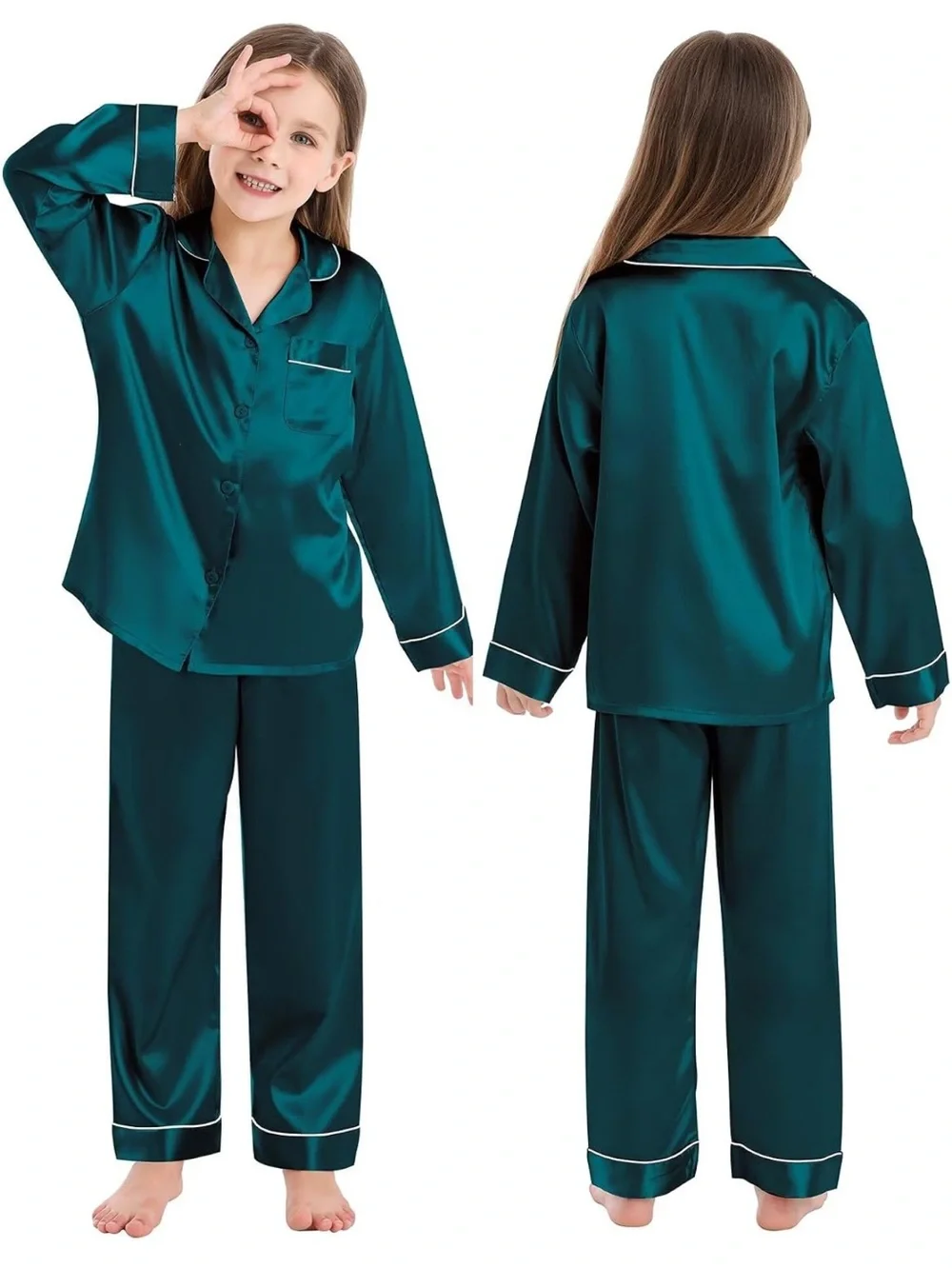 (NWT) Girls/ boys dark green silky pajamas set size 140 (10-11 years) UNISEX